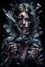 Placeholder: a high realistic explosding girl with fractured glass, she tries to piece herself back together again, high contrast, high textured, thriller, high detail, atmospheric, dark fantasy, dark colors, cinematic, high realistic