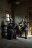 Placeholder: "A very old paints cracked dirty abandoned room , an old woman and holding an accordion on old man playing the guitar , insanely detailed octane render trending on artstation, 8k artistic photography, photorealistic concept art, soft natural volumetric cinematic perfect light, chiaroscuro, award-winning photograph, masterpiece, oil on canvas, Raphael, Caravaggio, Greg Rutkowski, people, beksinski, Giger