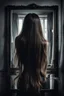 Placeholder: back view of a woman, beautiful long hair, her reflection in a mirror is an empty face, symbolism for the question "who am I", 32k, Mysterious and gothic, chaotic