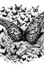 Placeholder: A swarm of butterflies flying out of an old book, pen drawing, black and white, fine details, negative space