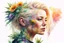 Placeholder: white background, cyberpunk, watercolor, Woman 48 years old, blonde, portrait painting, acrylic, summer sunset, plant hair, flower clothes, double exposure, fine rendering, high detail, high resolution, 8K