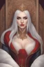 Placeholder: Beautiful white haired Vampire queen on her throne, drawing. Wearing a red cloak with a fur collar. Portrait, waist up