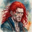 Placeholder: dnd, fantasy, watercolour, large strokes, stylistic, portrait, illustration, dull colours, male, face, narrow long face, weathered face, green eyes, determined, smiling, red hair, very long hair streaming down the shoulders, radiating light, five o'clock shadow, elegant