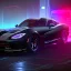 Placeholder: realistic black dodge viper; in an alternate universe in tokyo; cyberpunk; rain; neon signs