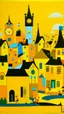 Placeholder: A golden yellow Japanese village with mystic clocks painted by Stuart Davis