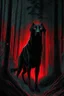 Placeholder: in the style of William Adolphe Bouguereau, a monstrous black hound with red, glowing eyes in a dark forest