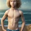 Placeholder: highly detailed, photorealistic, studio lights, full body image of a beautiful 12 year old boy with long, blonde curly hair and light blue eyes, smiling, shirtless, in front of an distant beach