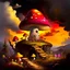 Placeholder: A rustic white, yellow and red (((mushroom house))) perched atop a (tall geologic pillar), surrounded by a ((( rainbow haze ))), offset by the subtle hues of an (dark space scape), within. captured by the hand a skilled master painter with a focus on (hard bold compositions and voluminous lighting).detailed matte painting, deep color, fantastical, intricate detail, splash screen, exaggerated colors, fantasy concept art, 8k resolution