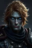 Placeholder: Male Earth Genasi Eldritch Knight with metallic bronze hair and dark grey skin and blue eyes