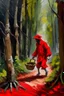 Placeholder: Escena de caperucita roja caminando por el bosque con su canasta colgando de su brazo y se encuentra con el lobo, al estilo Monet.