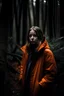 Placeholder: dark moody forest with beautiful girl in orange jacket