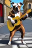 Placeholder: One single mature light Staffordshire terrier, friendly, playing guitar in the street , Vienna, opera, sunny day, model style, hyper realistic, extremely accurate, delicate, extremely detailed, Graphic novel style, wide-angle, open aperture, superfine pencil