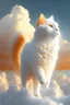 Placeholder: A white cat has soft feathers walking on clouds and the sky is orange