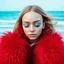 Placeholder: Lily rosedepp avec un long pull a capuche en fourrure rouge jusquaux, polaroid, elle a les yeux fermés et les joues bleues, , des grains de beauté, sur la plage, autochrome