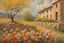 Placeholder: sunny day, clouds, epic mountains, stone wall, flowers, spring trees, spring influence, rocks, distant house, very epic, fernand toussaint, otto pippel, and henry luyten impressionism paintings