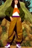 Placeholder: year 1994 women fashion. "summer combat suit trouser" with low waist, baggy, Combat pants, t-shirt and interesting hoodie with high tippet integrated to bolero. Colors: denim blue, blue, purple, khaki, "light, bright green", lilac, plum, orange, terracotta, red, pink, dark blue, beige. Women models. Starling pattern prints.Jennifer Lopez, Gwyneth Paltrow, . Big tennis shoes on. Cargo pants.