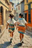 Placeholder: 2 maxican childeren running traditional clothes painting neoclassism in a traditional mexican city from the back