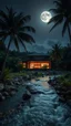 Placeholder: Close-up photo from the front straight. A modern design house beside a winding rocky river below and two large coconut trees on the left and right zoom distance from the front. Even the gothic day the moonlight shines. Bright lighting.