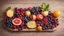 Placeholder: Set of summer fruits and berries in wooden serving.