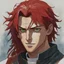 Placeholder: dnd, fantasy, watercolour, portrait, illustration, male, face, green eyes, young, determined, happy, priest, red hair, very long hair, radiating light, five o'clock shadow