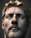 Placeholder: Gran angular, Realistic image, roman sculpture buste, marble deluxe material, Lionel Messi, gold Laurel leaves crown model, miguel angel style, emperador, God light, god rays, 4k resolution, smooth details, ornate details, soft lighting, unreal engine 5, soft cyan background.