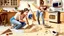 Placeholder: woman on the phone while husband pours baking flour all over the the floors and throw rug looking for make believe invisible tabletiops