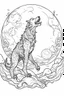 Placeholder: A werewolf howling at the moon while standing in a misty graveyard. Outline, sketch style, only use outline, mandala style, clean line art, white background, no shadows, no clear wall, coloring page.