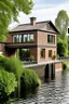 Placeholder: a two storey danish house next to a lake made from bricks and sloped roof, terrace in front and a balcony