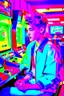 Placeholder: a millineal teenage boy is playing video arcade games, bright colored clothes from the 90s, hairstyles of that time