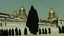 Placeholder: black robed monks standing before a massive monastery