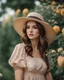 Placeholder: Realism style, young girl in summer hat, beautiful face, straight brown hair, dress with puffed sleeves, close-up face, chubby face, garden in the background, beautiful girl, photography, 25 years old, vintage