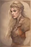 Placeholder: A drawing of beautiful woman with blond hair, viking braids Brown leather armor. Horse