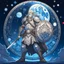 Placeholder: Please create an image for a 30-year old aasimar male with silver hair and a short, square beard and blue eyes. He is standing outside in the moonlight wearing plate armor and wielding a shield and a large hammer. His equipment is adorned in multiple places with crescent moons and stars