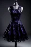 Placeholder: dark purple short dress, without sleeves, made of satin and lace fabric inspired by fractals in geometry.