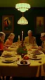 Placeholder: frame from a Wes Anderson film, full shot of the farm family at a sober celebration dinner in the Garden of Earthly Delights, small electric light bulbs on the table, birds on the table, grapes hanging, elegant and perfect composition