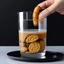 Placeholder: Pour milk into a clear glass cup. Inside the cup is a whole cookie.