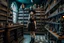 Placeholder: full-height shot of a young witch in a tight black short skirt, inside a large magic shop, shelving, bottles, windows