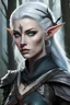 Placeholder: generate a dungeons and dragons character portrait of a female ranger wood elf. She has pale skin, icy white hair and piercing light blue eyes and dark circles under her eyes. She is wielding a powerful bow while in the forest. She is wearing black clothes.