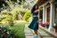 Placeholder: very beautiful lady with beautiful midi dark green-blue skirt and top with curvy hair sports shoes standing in a nice villa yard with trees flowers ,16 by 9