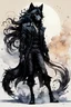 Placeholder: ink wash and watercolor full body concept illustration of an anthropomorphic, fanciful Black Wolf, goth punk thief girl character with wildly flowing hair, ornately dressed with highly detailed feathers and facial features in the comic book style of Bill Sienkiewicz and Jean Giraud Moebius, with a fine art aesthetic, highly detailed , boldly inked, 4k UHD cinegraphic quality