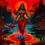 Placeholder: An oil painting of goddess Kali crossing a lake, neon red colors,