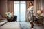 Placeholder: very beautiful sexy lady with beautful silver black midi skirt and blouse standing in a luxury bedroom with high heels next to makeup desk looking to camera