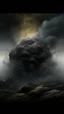 Placeholder: ,surrealism of the dark of a nightmare , hyper photorealistic, hyper detailed dark art color, high resolution, fog, octane render, tilt shift, HDRI Environment, all pictures dark gray, a cigar shape stone hovering in the sky