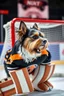 Placeholder: sideview of a yorkton terriers hockey goalie in front of goal, with the head of an angry tarrier dog