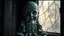 Placeholder: looking at the camera a high realistic vintage crepy porcelain puppet doll, old, dirty with old dress, sitting on shelf, in background blur cracked window. The figure has cracked face and head, and piercing big black eyes. High contrast, cinematic, thriller, dark, atmospheric. Surreal style , perfect composition, sharp focus, intricate details, gloomy vibe
