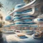 Placeholder: a realistic drawing of a futuristic hotel. This hotel houses money, credit cards, crypto. The sense of this painting is of a place where money can 'relax' from its stressful use by people on a daily basis.