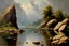 Placeholder: Cloudy day, lake, rocks, begginer's landscape, 2000's sci-fi movies influence, friedrich eckenfelder, and pieter franciscus dierckx impressionism paintings