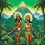 Placeholder: [art Russ Meyer] two unusual feral militant indigenous girls covered in tattoos wearing military uniforms covered in tribal patterns and jewellery with patterned sniper rifles encountering a reptilian humanoid god with green scales and wings wearing colourful tribal clothes and elaborate white feather decorations and spectacular radiant aura halo on the top a white mayan pyramid with lush green rainforest mountains in the background in the style of high resolution photographic realism