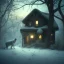 Placeholder: dark shadow behind sad, abandoned, miserable dog tied to a tree, family home in background, winter, loneliness, 8k resolution, high-quality, fine-detail, iridescent, intricate, digital art, detailed matte, volumetric lighting, illustration, 3D octane render, brian froud, howard lyon, selina french, anna dittmann, annie stokes, lisa parker, greg rutowski