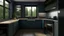 Placeholder: kitchen with dark blue, forest green on the left side by the window from the bottom up, a microwave and an oven installed in the furniture, and on the right side and next to it an induction hob and a cooker hood above it, on the right side there is a sink and a dishwasher underneath it